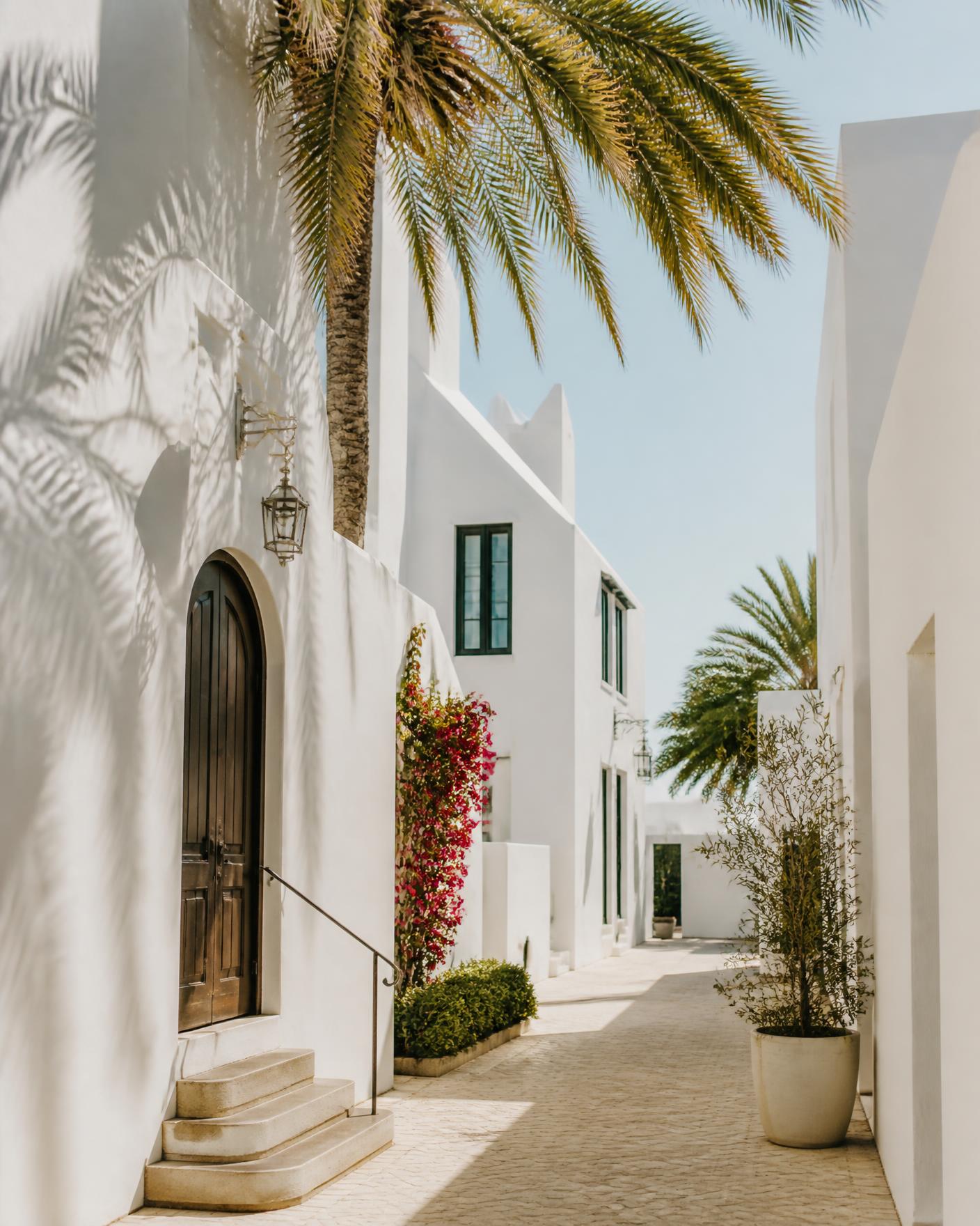 White stucco architecture with palm shadows and bougainvillea, reminiscent of Alys Beach and Rosemary Beach