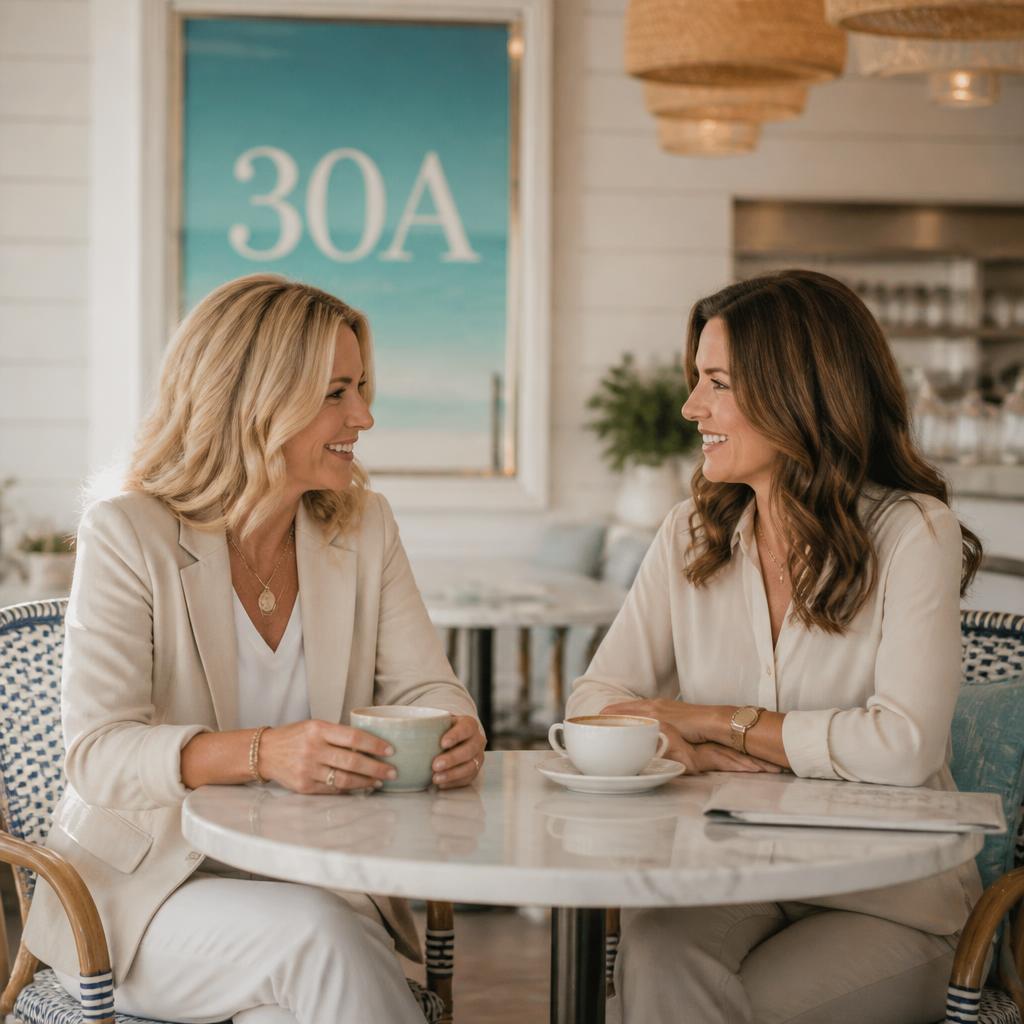 Two local businesswomen smiling over coffee in a sunlit 30A cafe
