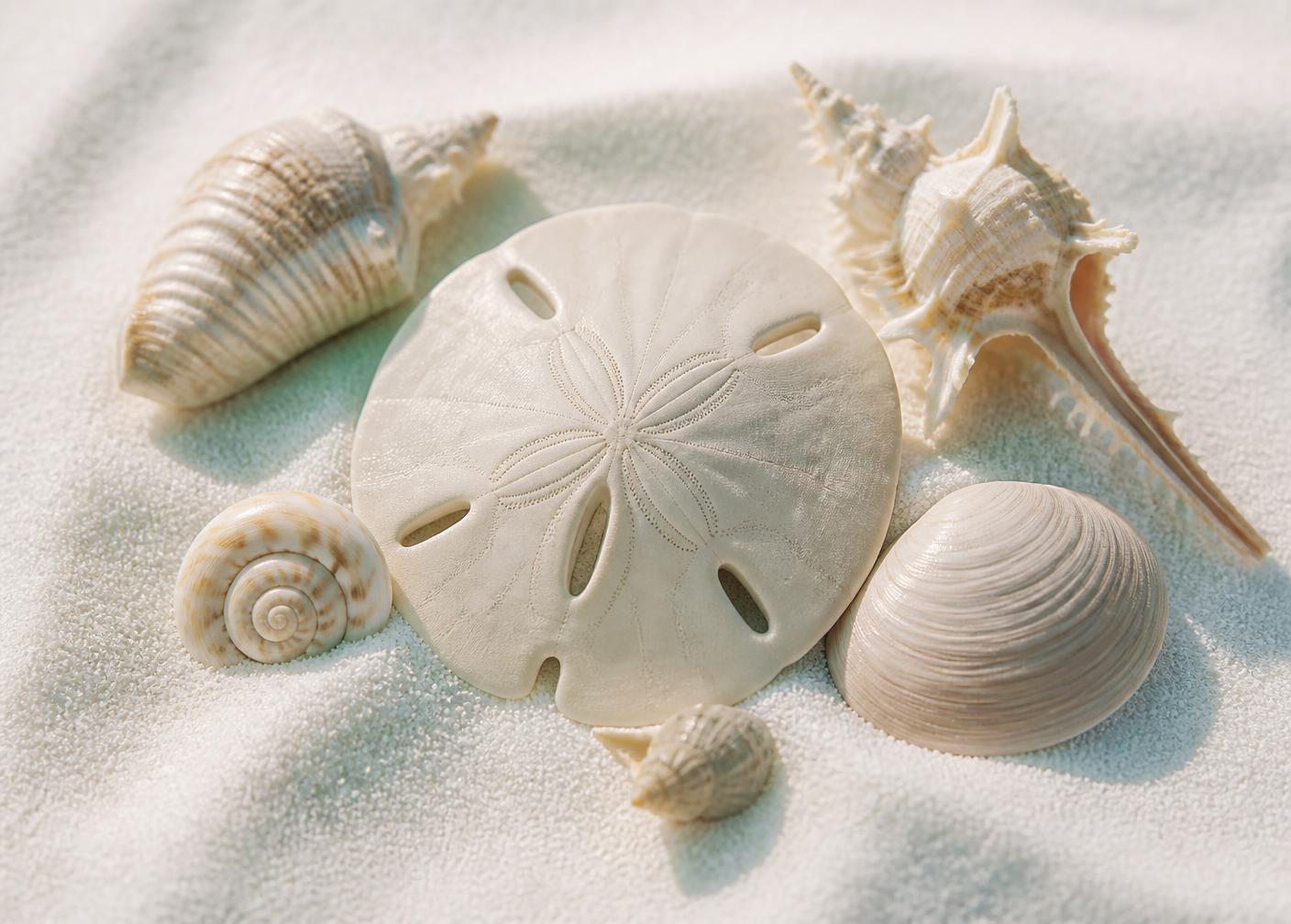 Seashells and a sand dollar resting on sugar-white Emerald Coast sand